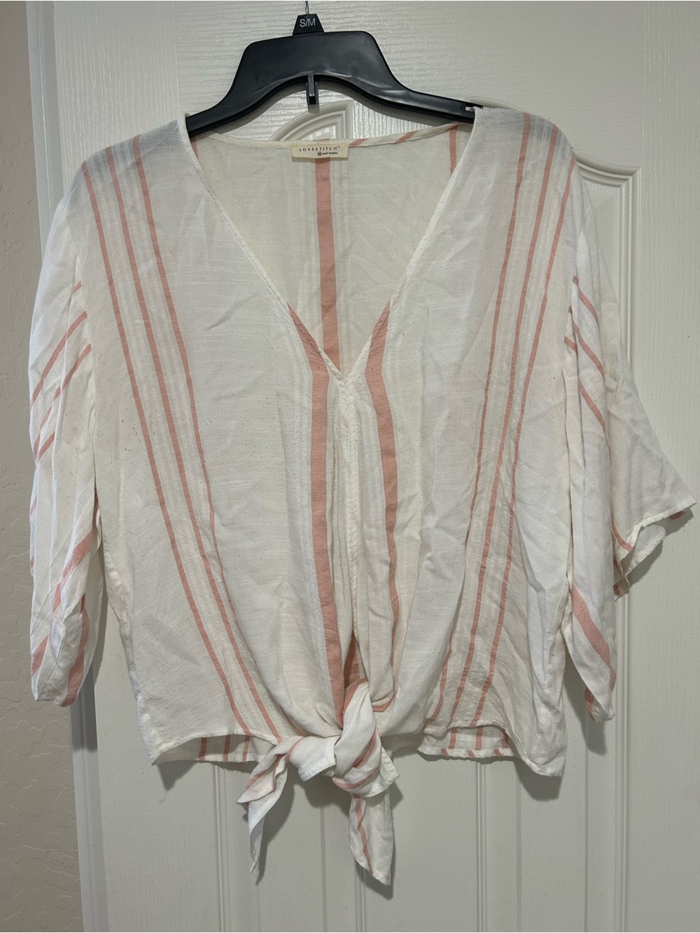 LOVESTITCH White & Blush Stripe Tie-Front V-Neck Blouse Top